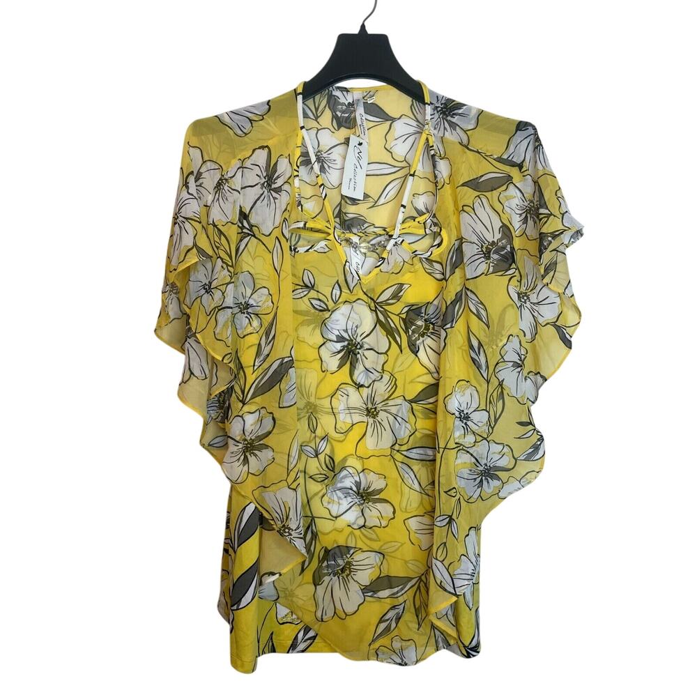 NY Collection Womens Floral Print Ruffle V-Neck Sheer Tank Dress Size 3X Yellow